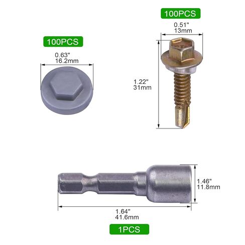 Roofing Screw Caps 100PCS M5.5 x 25mm Self Drilling Roofing Screws, Stainless Steel Hex Washer Head TEK Screws with 100 Silver Gray 8mm Screw Caps and Socket, Metal to Metal Sheet Screws in Kuwait