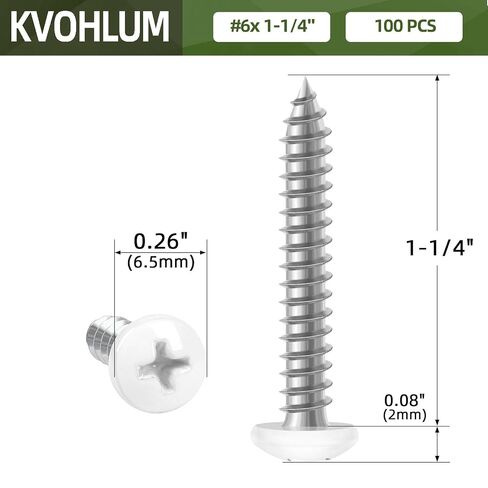 100 PCS #6 x 1-1/4" White Head Sheet Metal Screws, Pan Head Phillips Fast Self Tapping Screws, Round Head Wood Screws, Screwdriver Bit Included in Kuwait
