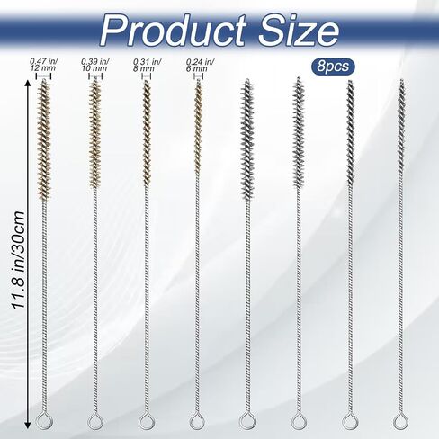 Tube Brush Kit 8 PCS Brass Wire Brush Stainless Steel Wire-Brushe11.8" Round Metal Bristle Cleaning for Deep Cleaning Pipes Auto Parts Bottles Tubes Narrow Spaces 4 Sizes (6mm/8mm/10mm/12mm) in Kuwait