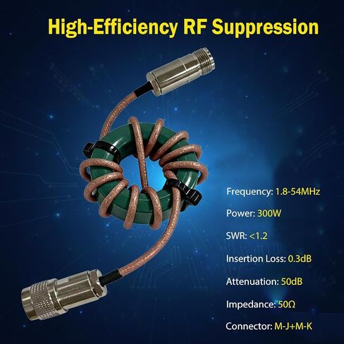 RF Choke CK300W Shortwave Common Mode Filter, 1.8-54MHz RF Choke Filter with 50dB Attenuation, 50Ω Impedance, 0.2dB Insertion Loss, SWR<1.2, Ferrite Core for Amateur Radio Indoor Use in Kuwait