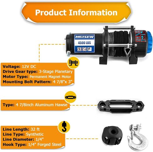 WeiSen 4500lb Electric Winch Kit with Rocker Switch and Winch Mount Compatible with Polaris RZR 570 800 S 2008-2022, with 32ft Synthetic Line Hawse Fairlead Hook and Line Stopper in Kuwait