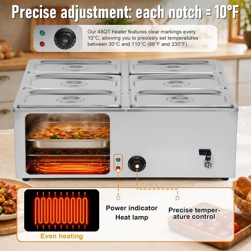 Commercial Food Warmer 6 Pan 48QT Stainless Steel Buffet Server with Precise Temperature Control 86-185°F, 1500W Bain Marie Steam Table for Restaurants Catering Food Truck, with Lids & Drain Valve in Kuwait