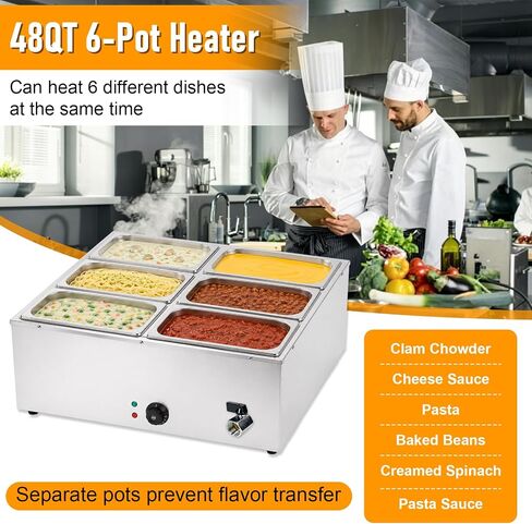 Commercial Food Warmer 6 Pan 48QT Stainless Steel Buffet Server with Precise Temperature Control 86-185°F, 1500W Bain Marie Steam Table for Restaurants Catering Food Truck, with Lids & Drain Valve in Kuwait