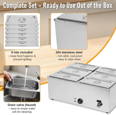 Commercial Food Warmer 6 Pan 48QT Stainless Steel Buffet Server with Precise Temperature Control 86-185°F, 1500W Bain Marie Steam Table for Restaurants Catering Food Truck, with Lids & Drain Valve in Kuwait