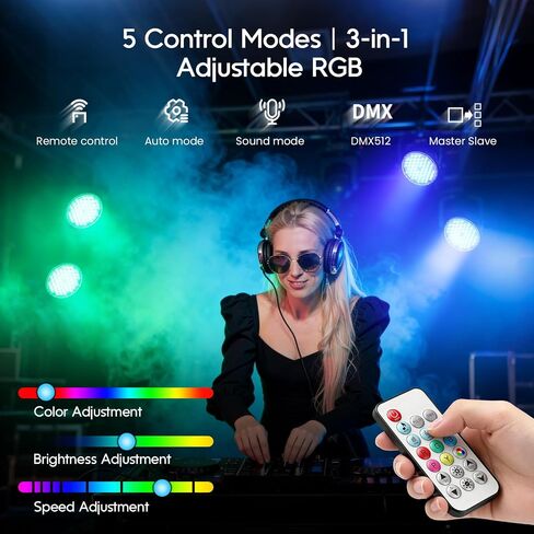 BETOPPER Ultra Slim DJ Par Light، 54x1W RGB LED Par Can مع DMX512، مسرح منخفض وإضاءة علوية، أضواء DJ تعمل عن بعد والصوت لحفلات الزفاف ديسكو، 4 عبوات in Kuwait