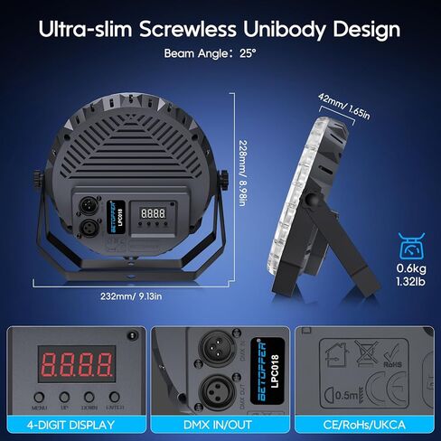 BETOPPER Ultra Slim DJ Par Light، 54x1W RGB LED Par Can مع DMX512، مسرح منخفض وإضاءة علوية، أضواء DJ تعمل عن بعد والصوت لحفلات الزفاف ديسكو، 4 عبوات in Kuwait