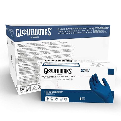 قفازات GLOVEWORKS HD طبية من اللاتكس الأزرق، علبة 500، 13 مل، حجم كبير، طول 12 بوصة، خالية من المسحوق، محكم، يمكن التخلص منها، غير معقمة، GPLHD86100 in Kuwait