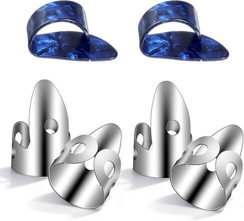 6 Pcs Banjo Finger Picks 4 Stainless Steel Guitar Finger Picks and 2 Plastic Thumb Pick Adjustable Fingers Pick for Acoustic Guitars Banjo Ukulele Harp Bass (Silver Blue) in Kuwait