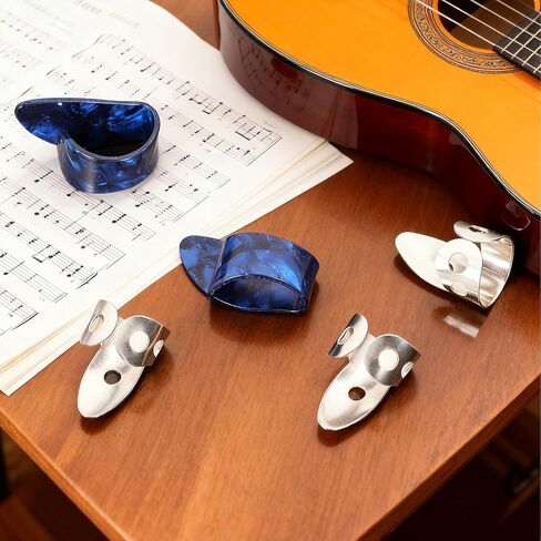 6 Pcs Banjo Finger Picks 4 Stainless Steel Guitar Finger Picks and 2 Plastic Thumb Pick Adjustable Fingers Pick for Acoustic Guitars Banjo Ukulele Harp Bass (Silver Blue) in Kuwait