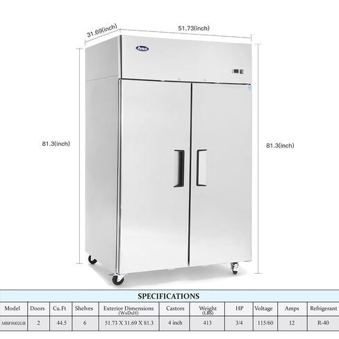 Atosa MBF8002GR 52 ″ فريزر يمكن الوصول إليه لمطعم فندق كافتيريا ستيك هاوس | ضاغط علوي، 43.2 قدم مكعب. قدم. | 2- باب متأرجح متين، 6 أرفف مطلية بالإيبوكسي قابلة للتعديل | الفولاذ المقاوم للصدأ، 115 فولت in Kuwait