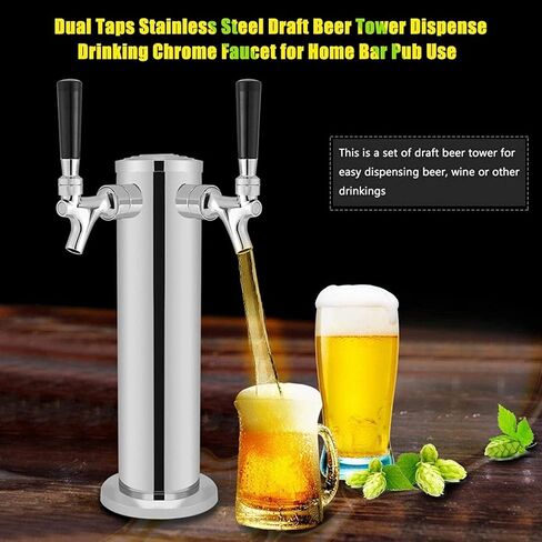 برج Kegerator مزدوج الصنبور، 3 بوصات موزع برج البيرة، برج البرميل، صنبور البيرة، صنبور بيرة ذاتي الإغلاق، من الفولاذ المقاوم للصدأ، طقم برج صنبور Kegerator مع خط Kegerator مُجمَّع مسبقًا in Kuwait