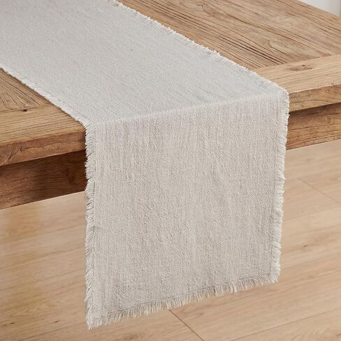 KINGSTONE 14 x 108 Inches Frayed Edge Table Runner, 270G Heavyweight Sand Washed Slub Texture Cotton Linen for Modern Farmhouse, Rustic Home Decorations Dining Room Wedding Boho Decor, Natural in Kuwait