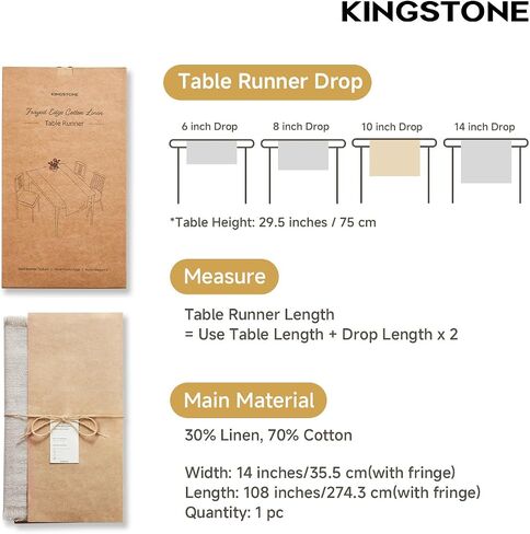 KINGSTONE 14 x 108 Inches Frayed Edge Table Runner, 270G Heavyweight Sand Washed Slub Texture Cotton Linen for Modern Farmhouse, Rustic Home Decorations Dining Room Wedding Boho Decor, Natural in Kuwait