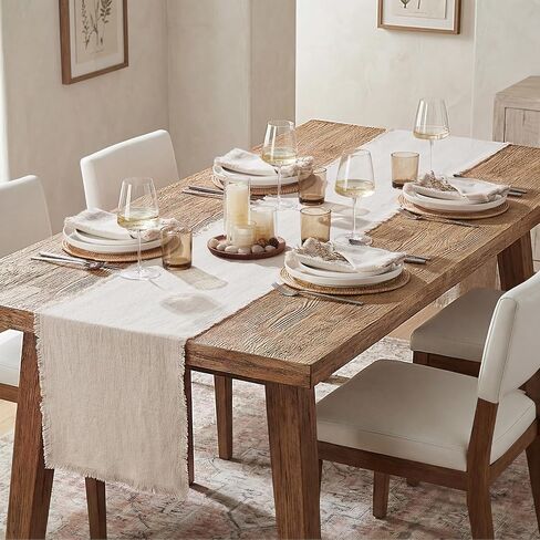 KINGSTONE 14 x 108 Inches Frayed Edge Table Runner, 270G Heavyweight Sand Washed Slub Texture Cotton Linen for Modern Farmhouse, Rustic Home Decorations Dining Room Wedding Boho Decor, Natural in Kuwait