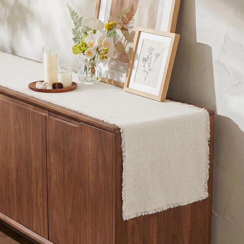 KINGSTONE 14 x 108 Inches Frayed Edge Table Runner, 270G Heavyweight Sand Washed Slub Texture Cotton Linen for Modern Farmhouse, Rustic Home Decorations Dining Room Wedding Boho Decor, Natural in Kuwait