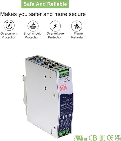 WDR-60-24 DIN Rail Power Supply 60W 24V 2.5A, Ultra-Slim 32mm Width, 180-550VAC Ultra-Wide Input, Full Protection,for Industrial Control, PLC Systems, Factory Automation in Kuwait