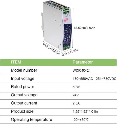 WDR-60-24 DIN Rail Power Supply 60W 24V 2.5A, Ultra-Slim 32mm Width, 180-550VAC Ultra-Wide Input, Full Protection,for Industrial Control, PLC Systems, Factory Automation in Kuwait