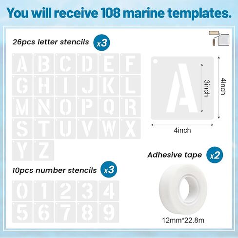 Boat Registration Stencil Kit, 108 Pcs Reusable 3 Inch Marine Letter and Number Stencils, Alternative to Boat Number Stickers for Boats, Kayaks and Pwcs in Kuwait