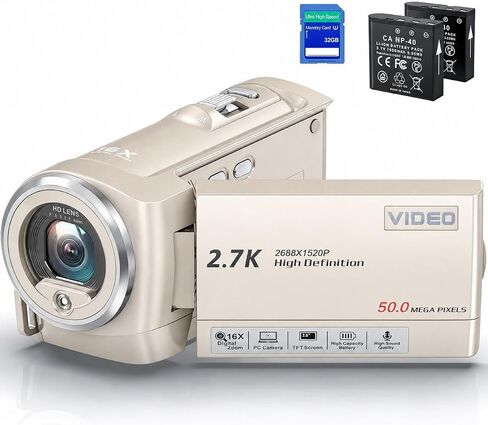2.7K Video Camera Camcorder QHD 50MP YouTube Vlogging Camera Webcam 16X Digital Zoom with 32G SD Card 270 Degree Rotation Screen Camcorders and 2 Batteries in Saudi Arabia