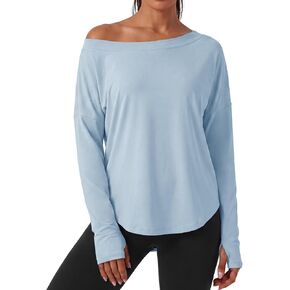 Aoysky Womens Long Sleeve Off Shoulder Shirts Lightweight Casual Workout Athletic Tops with Thumb Holes in Kuwait