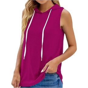 Womens Sleeveless Hoodie Tank Top Loose Fit Casual Workout Shirt | Soft stretch fabric, drawstring hood, plus size, curved hem, athletic casual style, easy match for daily outfits in Kuwait