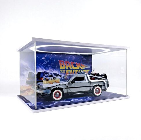 علبة عرض أكريليك مع ضوء LED لـ LEGO 10300 العودة إلى المستقبل | مناسب أيضًا للسيارات المصبوبة بمقياس 1:12، حافظة عرض مقاومة للغبار بخلفية ذات طابع خاص، صندوق عرض كبير شفاف للمقتنيات in Kuwait