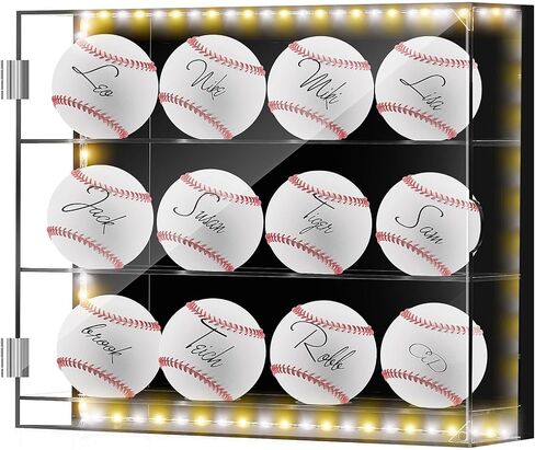 Colingmill 3 Tiers Baseball Display Case for 12 Balls Acrylic Shadow Box with LED Light Wall Mount Memorabilia Balls Display Collector Case Holder for Baseball Tennis in Kuwait