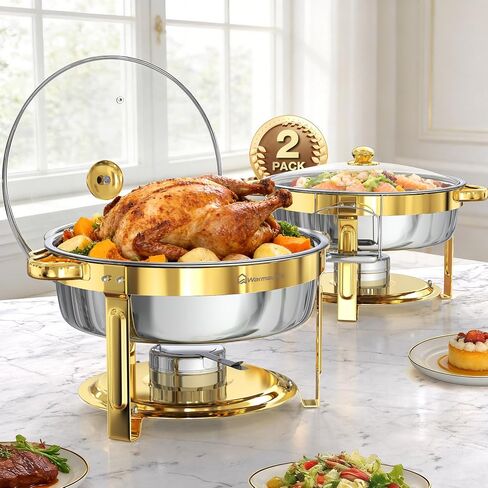 أطباق الغضب الذهبية 6.5QT للبوفيه مع غطاء زجاجي 6 عبوات، مجموعة أدوات تدفئة البوفيه المستديرة مع الفولاذ المقاوم للصدأ المصقول بالمرآة، حافة ملفوفة، قابلة للتكديس، حامل غطاء للحفلات وحفلات الزفاف in Kuwait