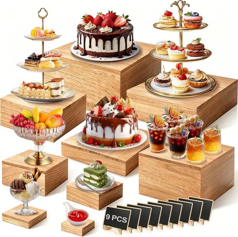 9 Pcs Extra Large 12" Wooden Buffet Risers Set with Mini Sign Food Risers for Buffet Table Multi Size Cake Display Stands for Party Wedding Dessert Jewelry Home Decor-Dark Brown in Kuwait