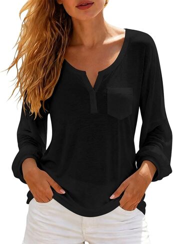 Pocket Henley Top for Women V Neck Long Sleeve Button Casual Blouse Shirt | Relaxed Fit Shirt with Chest Pocket Split Neckline Button Placket, Soft Breathable, Effortless Everyday, for Work Travel in Kuwait