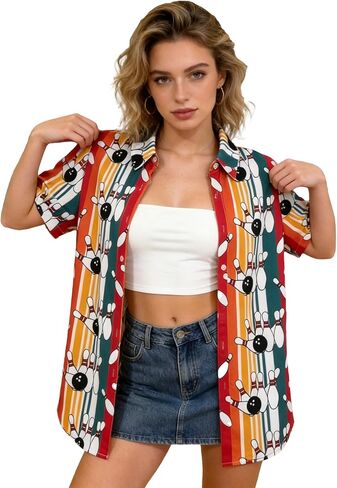 Womens Bowling Shirt Bowler Lover Gift Tee Hawaiian Button Down Top | soft breathable fabric, Retro style, for game days, gift for bowlers, easy care in Kuwait