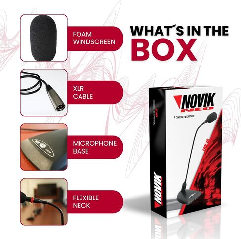 ميكروفون مكثف معقوف من NOVIK NEO FNK-10 مع فلتر بوب - ميكروفون XLR للمنصة والكنيسة والبث والمنبر والمؤتمرات والخطاب - قاعدة الطاولة، قلبي الشكل، طاقة فانتوم مع زر تشغيل/إيقاف in Kuwait