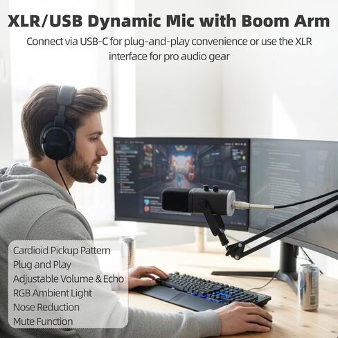 ميكروفون USB للبث الديناميكي من OMISTAR للكمبيوتر الشخصي، ميكروفون ألعاب لاسلكي مع ذراع بوم، ميكروفون ألعاب مع ضوء RGB، تقليل الضوضاء، مقابض الصوت والصدى (ذراع بوم 100 وات) in Kuwait