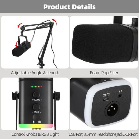 ميكروفون USB للبث الديناميكي من OMISTAR للكمبيوتر الشخصي، ميكروفون ألعاب لاسلكي مع ذراع بوم، ميكروفون ألعاب مع ضوء RGB، تقليل الضوضاء، مقابض الصوت والصدى (ذراع بوم 100 وات) in Kuwait