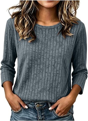 Ribbed Knit Top for Women Long Sleeve Crew Neck Fitted Fall Pullover Shirt | Slim Textured Knit Shirt with Three Quarter Bell Sleeve, Soft Stretch, Versatile for Work Weekend, Pairs with Jeans Skirts in Kuwait