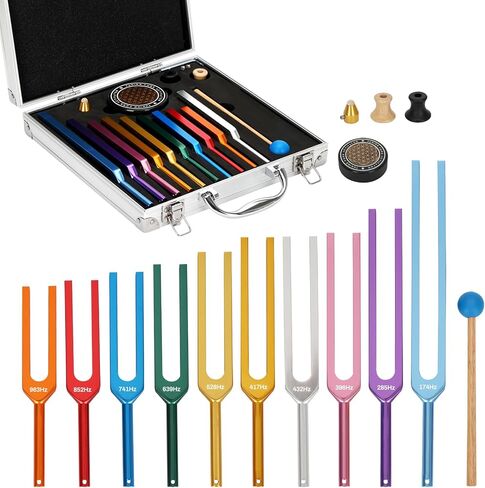Chakra Tuning Fork Set, 10pcs Multi-Color Solfeggio Tuning Forks (174-963Hz) with Activator & Deluxe Gift Box, Aluminum Alloy Tuning Fork for Healing Set for Sound Therapy, Yoga, Meditation in Kuwait