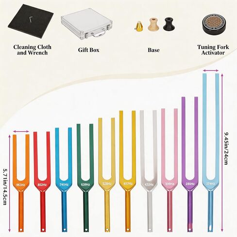 Chakra Tuning Fork Set, 10pcs Multi-Color Solfeggio Tuning Forks (174-963Hz) with Activator & Deluxe Gift Box, Aluminum Alloy Tuning Fork for Healing Set for Sound Therapy, Yoga, Meditation in Kuwait