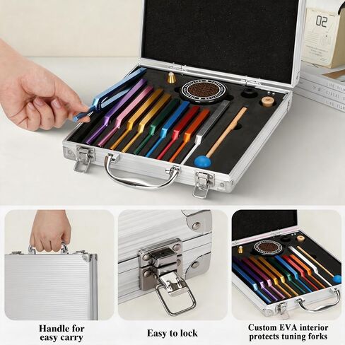 Chakra Tuning Fork Set, 10pcs Multi-Color Solfeggio Tuning Forks (174-963Hz) with Activator & Deluxe Gift Box, Aluminum Alloy Tuning Fork for Healing Set for Sound Therapy, Yoga, Meditation in Kuwait
