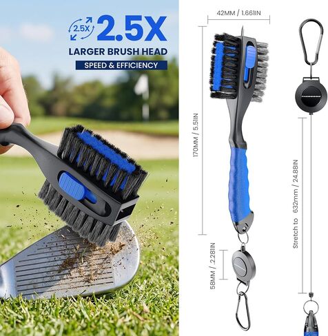 THIODOON Golf Club Brushes and Golf Ball Cleaning Bag 2Pc Set 2 ft Retractable Zipline Carabiner Golf Brush Head with Retractable Spike Comfortable Grip Golf Club Cleaner (Wash Bag & Golf Club Brush) in Kuwait