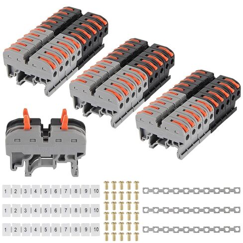 30pcs DIN Rail Terminal Blocks Kit, Universal Compact Wire Wiring Connector with 3pcs Marker Strip, 3pcs Connection Bar and 30pcs Screws, 28-12AWG (15pcs Black +15pcs Grey) in Kuwait