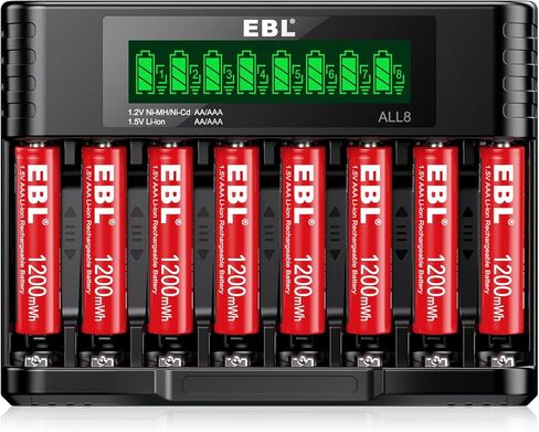 بطاريات ليثيوم EBL AAA قابلة لإعادة الشحن بقدرة 1200 ميجاوات في الساعة، 8 عبوات 1.5 فولت بطاريات ثلاثية A أكثر من 1200+ دورة زمنية مع شاحن بطاريات AA AAA عالمي 1.5 فولت و1.2 فولت in Kuwait