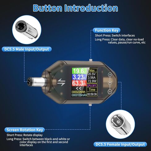 DC Voltage Tester Power Meter, 4.5-50V 0-12A Two-Way Measurement Voltage Current Capacity Amp Volt Voltmeter Ammeter Detector Digital Tester for DC 5.5 x 2.5/2.1 Port Device, Black in Saudi Arabia