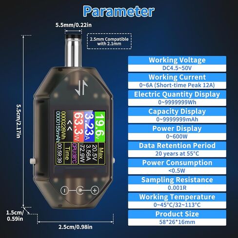 DC Voltage Tester Power Meter, 4.5-50V 0-12A Two-Way Measurement Voltage Current Capacity Amp Volt Voltmeter Ammeter Detector Digital Tester for DC 5.5 x 2.5/2.1 Port Device, Black in Saudi Arabia