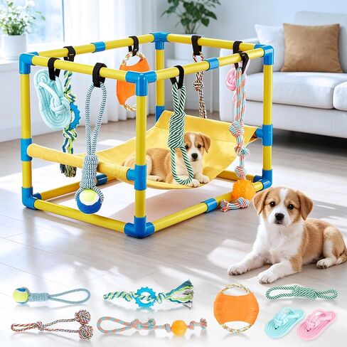 Keaber Puppy Play Gym with 8 Hanging Toys, Jungle Playground Gym for Small Dogs, PVC Frame with Hammock and Funny Enrichment Toys (23x17x17in) in Kuwait