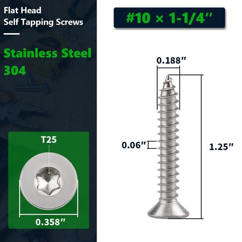 50 Pcs #10 x 1-1/4 Torx Flat Head Sheet Metal Screws with Bit, 304 Stainless Steel 18-8, 6-Lobe Star Drive Self Tapping Screws for Marine & Automotive Trim in Kuwait