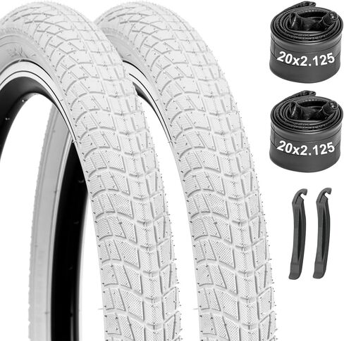 إطارات الدراجة 16/20x2.125 عبوتان مع أنابيب وأذرع - متوافقة مع دراجات الأطفال، BMX، MTB، الدراجات الجبلية - تصميم أبيض/أزرق مموه، مطاط سميك، إطارات بديلة وأنابيب داخلية in Kuwait