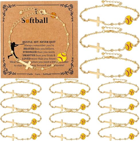 Kenning 12 Set Softball Bracelets Team Gift Bulk Adjustable Bracelet with Inspirational Card Cross Chain Sport Accessories Christian Jewelry Gifts for Softball Team Ball Lovers Players in Kuwait