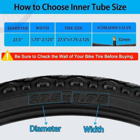 27.5 Bike Inner Tubes 2 Pack, 27.5 x 1.75/1.95/2.10/2.125 inch Bicycle Tubes with 32mm Schrader Valve, 27.5 Bike Tube with 2 Tire Levers for MTB and Cruisers, City, Road Bikes in Kuwait