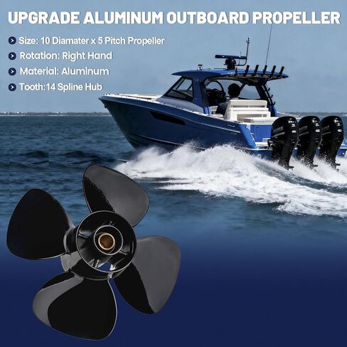 10 × 5 ترقية مروحة القارب الخارجية المصنوعة من الألومنيوم OEM المتوافقة مع محركات Mercury/Tohatsu 9.9-20 HP، قوة دفع عالية، 14 شريحة، 4 شفرات، RH، علبة تروس 2 1/2 بوصة in Kuwait