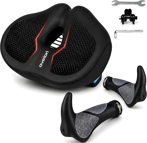 Bike Comfort Kit – Noseless Wide Memory Foam Saddle + Ergonomic Lock-On Handlebar Grips – Pressure Relief Seat & Anti-Slip Grip Set for Indoor, Road, MTB & E-Bikes in Kuwait
